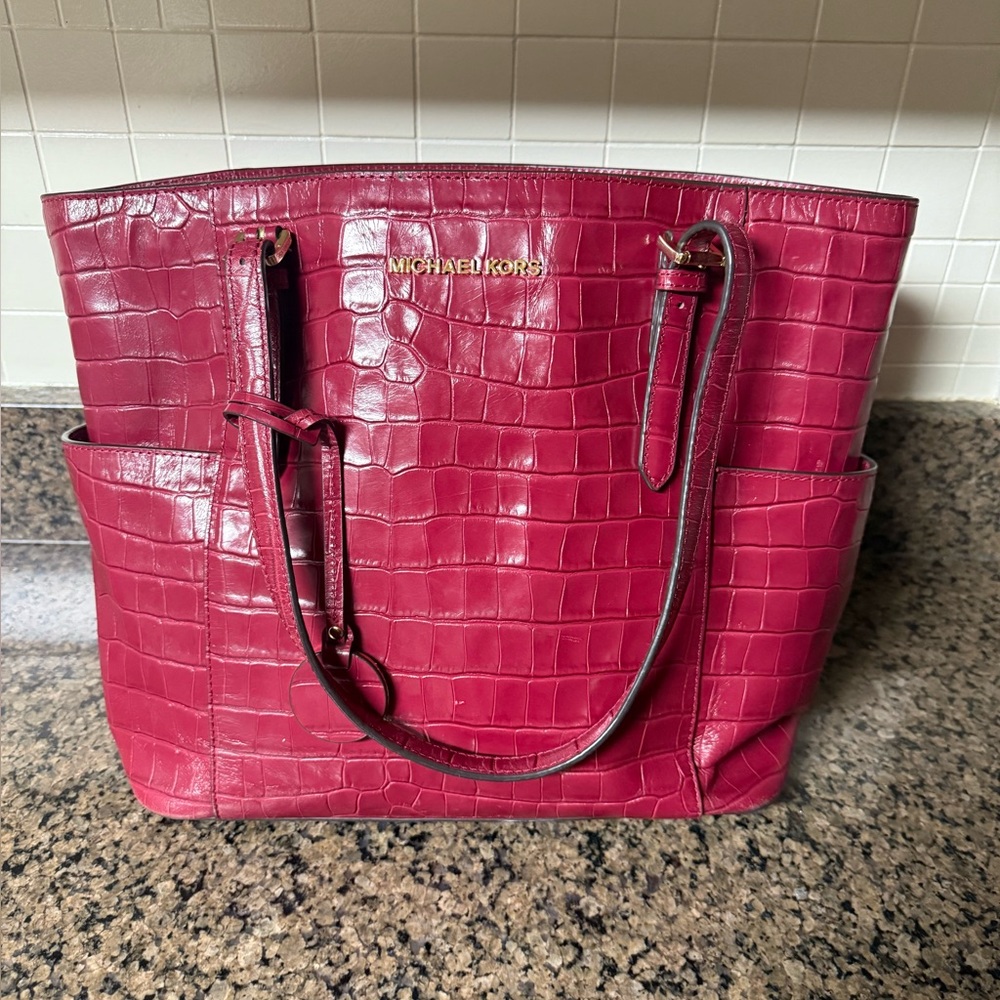 Michael Kors Croc-Embossed Leather Tote in Mulberry